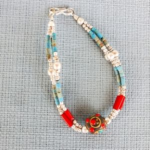 New Tibetan Turquoise, Coral 925 Silver Bracelet.